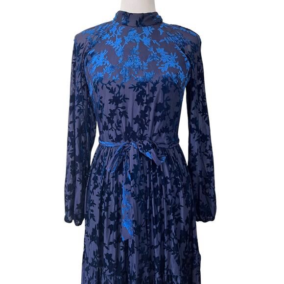 Maison Tara Women's Long Sleeve Velvet Burnout Mock Neck Maxi Dress Blue Sz 8 - Picture 2 of 8